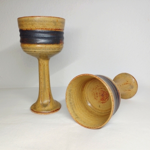 Marj Peeler Pottery Wine Goblet Clay Chalice Earthenware Vintage Folk Art Pair 2 - Picture 7 of 13